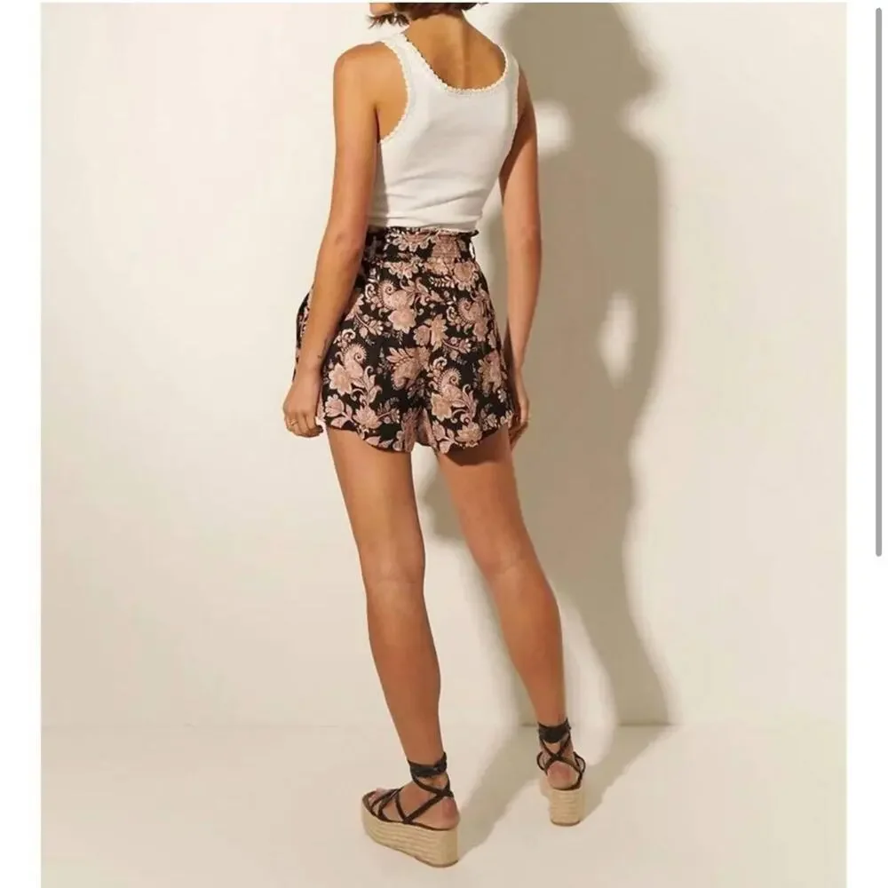 NWT Kivari Layla Black Paisley Linen High Waisted Paperbag Belted Shorts